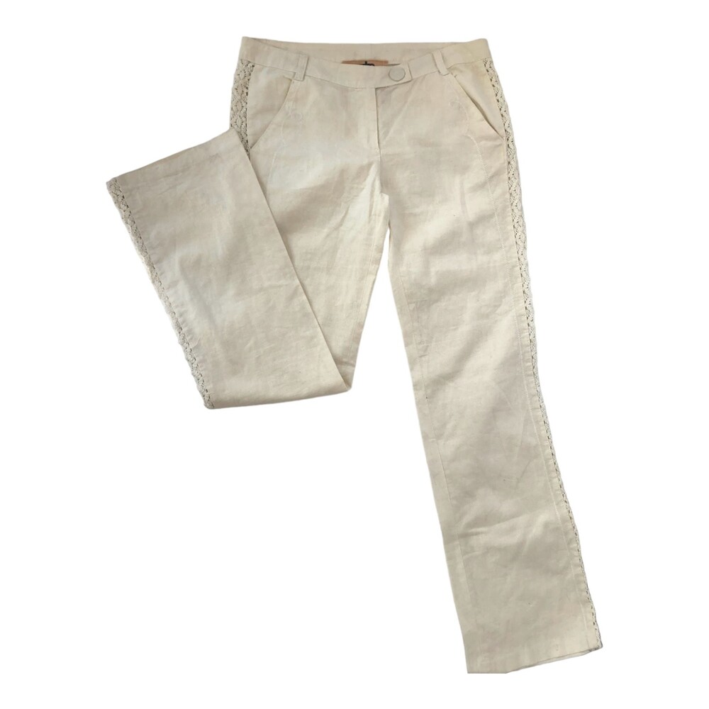 Sugarlips Off-White Linen Casual Mid-Rise Straight Leg‎ Lace Side Pants Size L